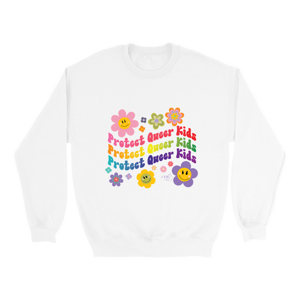 Retro Flowers Protect Queer Kids Unisex Crew Sweatshirt White