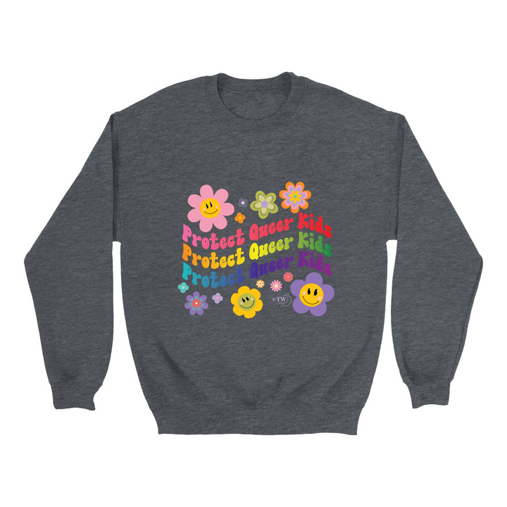 Retro Flowers Protect Queer Kids Unisex Crew Sweatshirt Dark Heather