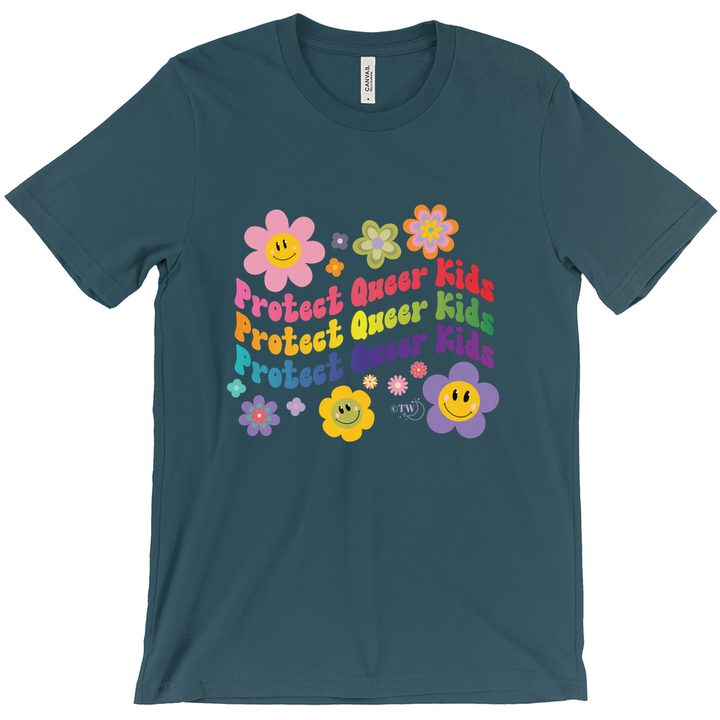 Retro Flowers Protect Queer Kids Unisex Fitted Tee Deep Teal