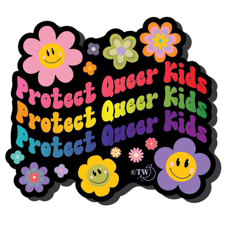 Retro Flowers Protect Queer Kids Black Acrylic Pin 1.5" Pin