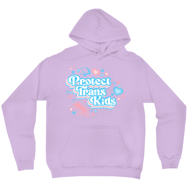 Original artwork by Tiny Werewolves | Protect Trans Kids Midweight Printed Sleeve Pullover Hoodie in Lavender | Shop to get your gender neutral Pullover Hoodie