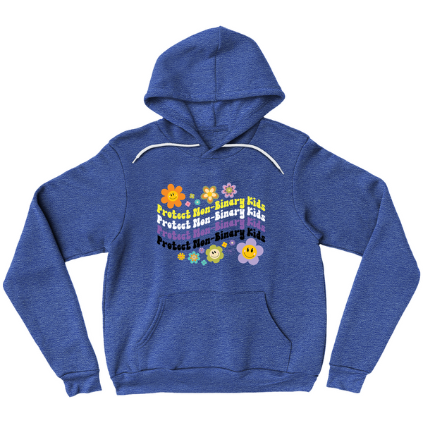 Original artwork by Tiny Werewolves | Retro Flowers Protect Non-Binary Kids Pullover Hoodie in Heather True Royal | Shop to get your Pullover Hoodie