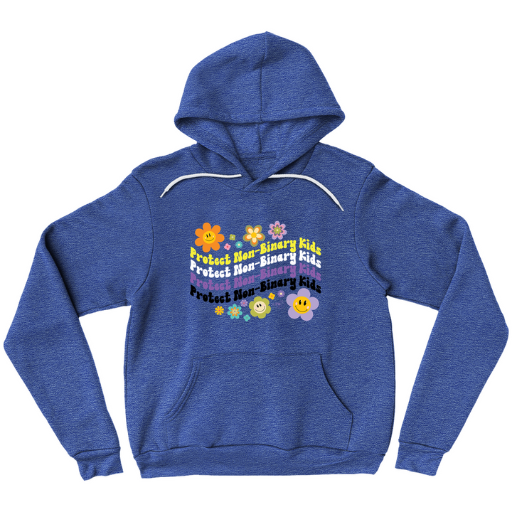 Original artwork by Tiny Werewolves | Retro Flowers Protect Non-Binary Kids Pullover Hoodie in Heather True Royal | Shop to get your Pullover Hoodie