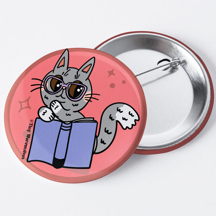 Grey Book Cat 1.75" Button Pin
