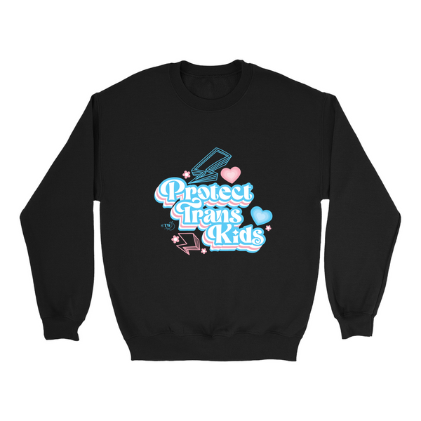 Original artwork by Tiny Werewolves | Retro Protect Trans Kids Crew Sweatshirt in Black | Shop to get your gender neutral Crew