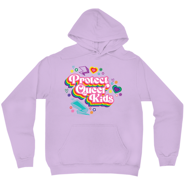 Original artwork by Tiny Werewolves | Protect Queer Kids Midweight Printed Sleeve Pullover Hoodie in Lavender | Shop to get your gender neutral Pullover Hoodie