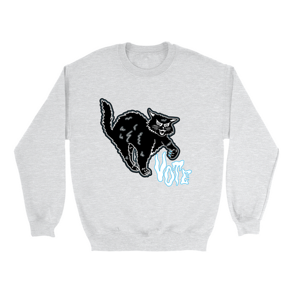 Original artwork by Tiny Werewolves | Retro Spooky Cat Vote Crew Sweatshirt in Ash | Shop to get your gender neutral Crew