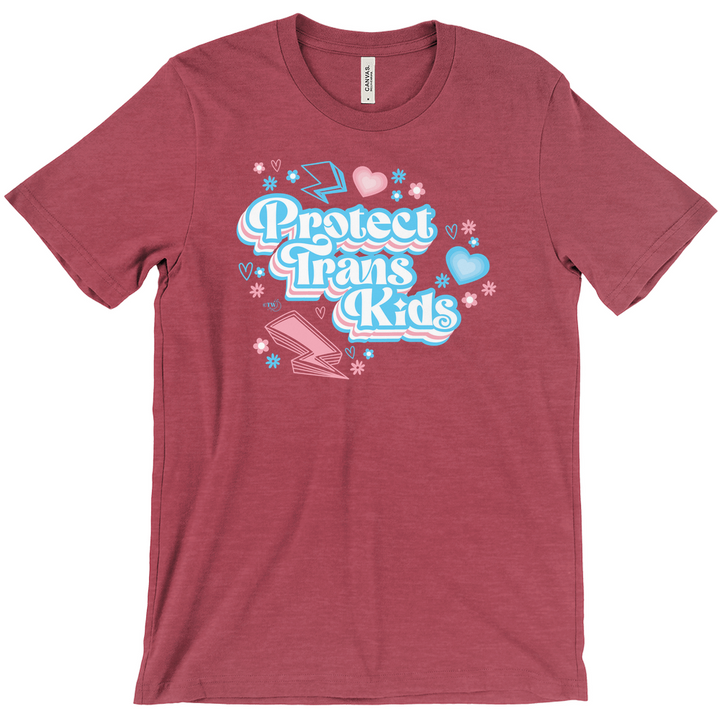 Original artwork by Tiny Werewolves | Retro Protect Trans Kids Tee in Heather Raspberry | Shop to get your Tee
