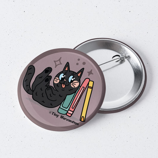 Original artwork by Tiny Werewolves | Black Book Cat 1" Mini Button Pin in | Shop to get your gender neutral Metal Pinback Button