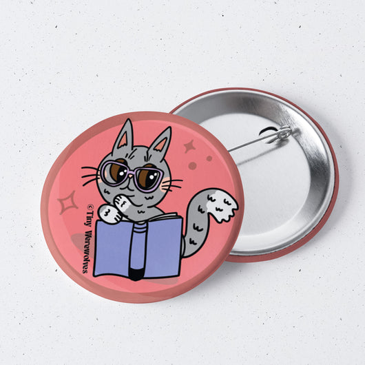 Original artwork by Tiny Werewolves | Grey Book Cat 1" Mini Button Pin in | Shop to get your gender neutral Metal Pinback Button