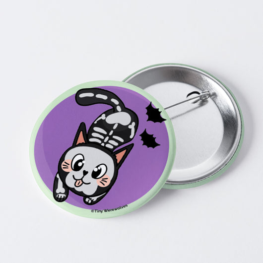 Original artwork by Tiny Werewolves | SkeliCat Spooky 1" Mini Button Pin in | Shop to get your gender neutral Metal Pinback Button