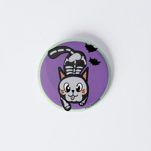 Original artwork by Tiny Werewolves | SkeliCat Spooky 1" Mini Button Pin in | Shop to get your gender neutral Metal Pinback Button