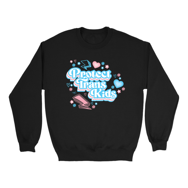 Original artwork by Tiny Werewolves | Retro Protect Trans Kids Crew Sweatshirt in Black | Shop to get your Crew