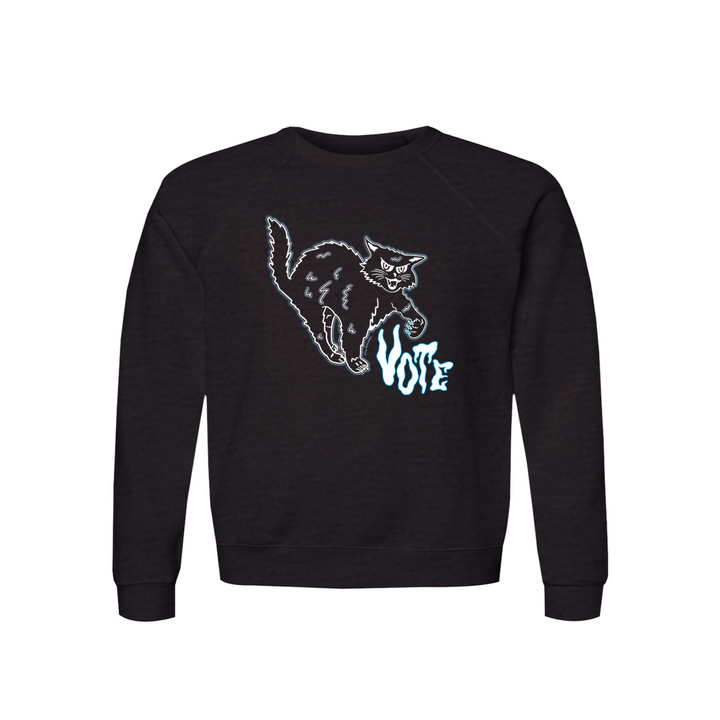 Original artwork by Tiny Werewolves | Retro Spooky Cat Vote Raglan Crew Sweatshirt in Black Heather | Shop to get your gender neutral Crew