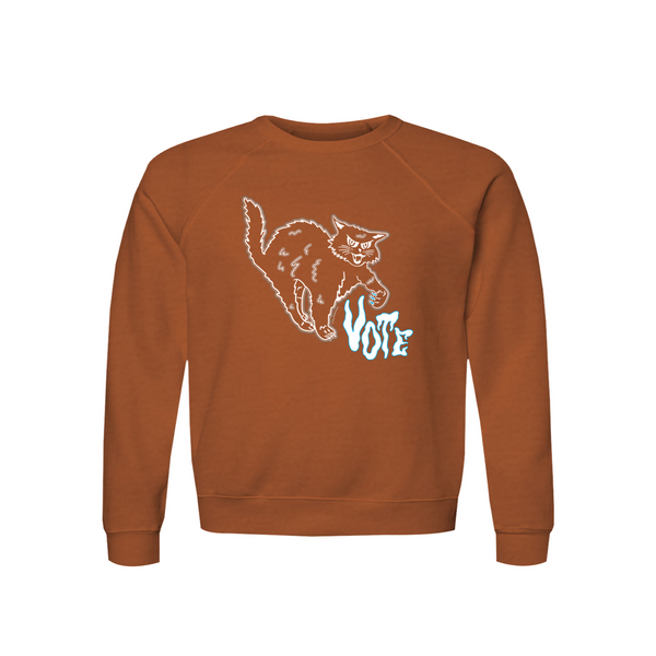 Original artwork by Tiny Werewolves | Retro Spooky Cat Vote Raglan Crew Sweatshirt in Autumn | Shop to get your gender neutral Crew