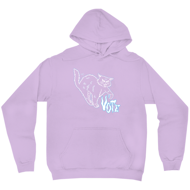 Original artwork by Tiny Werewolves | Retro Spooky Cat Vote Midweight Printed Sleeve Pullover Hoodie in Lavender | Shop to get your gender neutral Pullover Hoodie