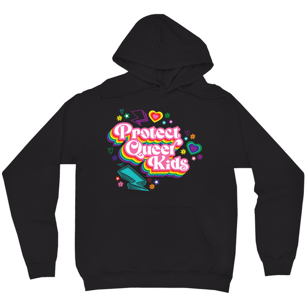 Original artwork by Tiny Werewolves | Protect Queer Kids Midweight Printed Sleeve Pullover Hoodie in Black | Shop to get your gender neutral Pullover Hoodie