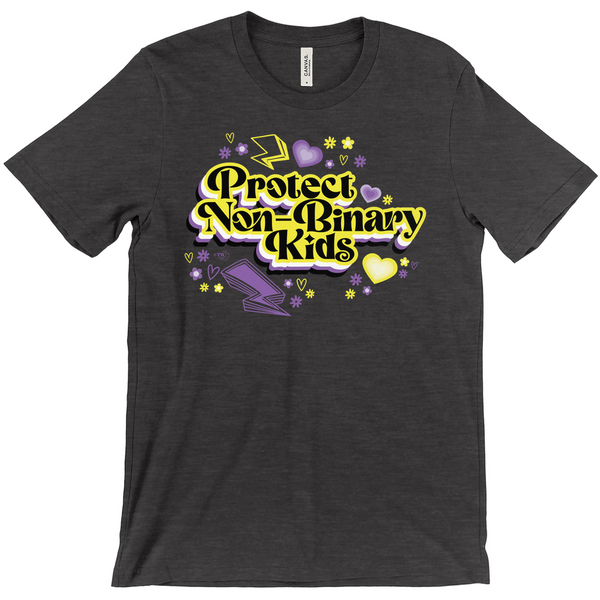 Original artwork by Tiny Werewolves | Retro Protect Non-Binary Kids Tee in Dark Heather Grey | Shop to get your Tee
