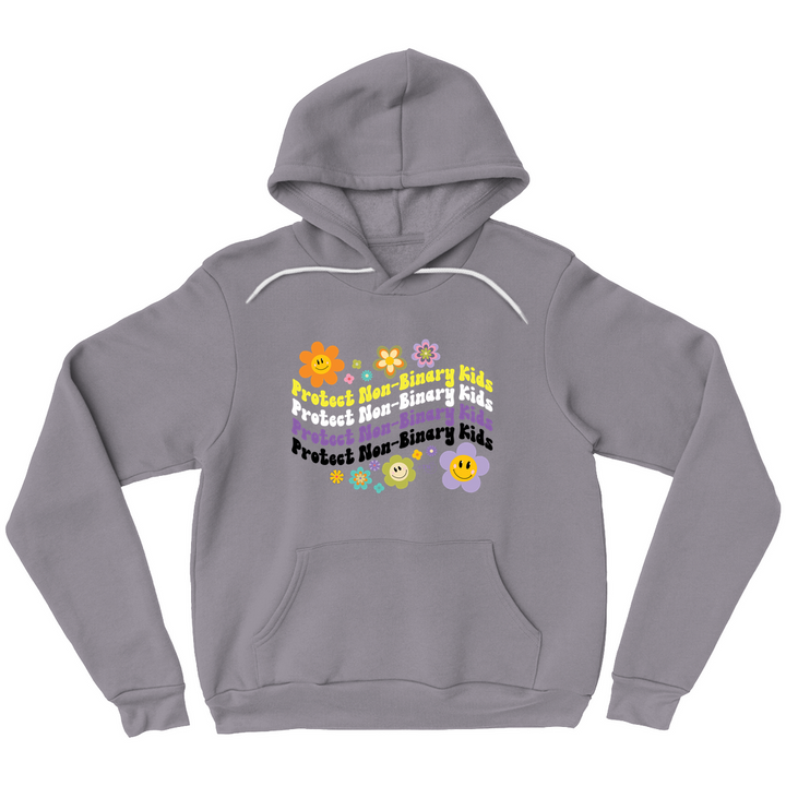 Original artwork by Tiny Werewolves | Retro Flowers Protect Non-Binary Kids Pullover Hoodie in Storm | Shop to get your Pullover Hoodie