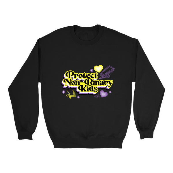 Original artwork by Tiny Werewolves | Retro Protect Non-Binary Kids Crew Sweatshirt in Black | Shop to get your gender neutral Crew