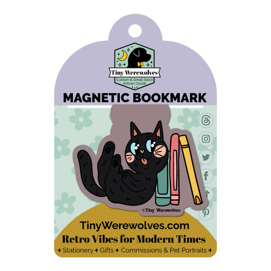 Original artwork by Tiny Werewolves | Black Book Cat Laminated Magnetic Bookmark in | Shop to get your gender neutral Magnetic Bookmark