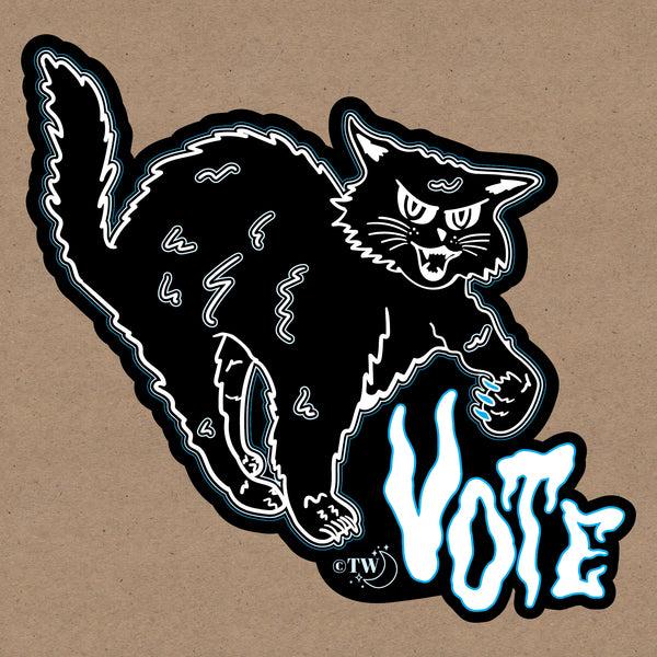 Original artwork by Tiny Werewolves | Retro Spooky Cat Vote Sticker in 5" Sticker | Shop to get your gender neutral Sticker