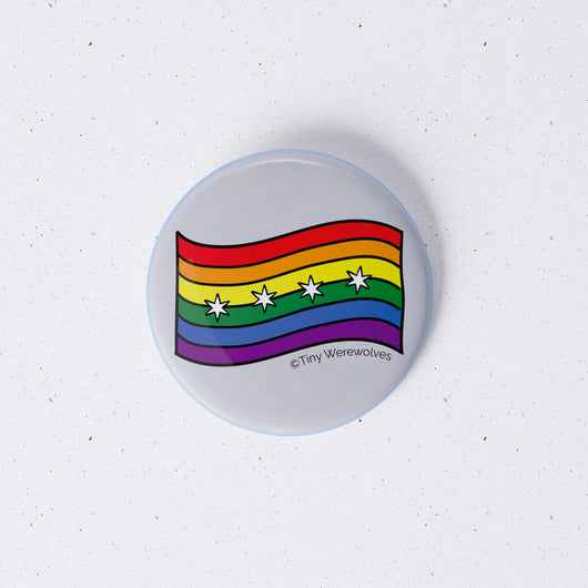 Original artwork by Tiny Werewolves | Chicago Rainbow Pride Flag 1" Mini Button Pin in | Shop to get your gender neutral Metal Pinback Button