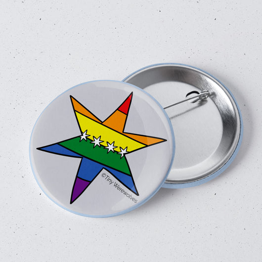 Original artwork by Tiny Werewolves | Chicago Star Rainbow Pride Flag 1" Mini Button Pin in | Shop to get your gender neutral Metal Pinback Button
