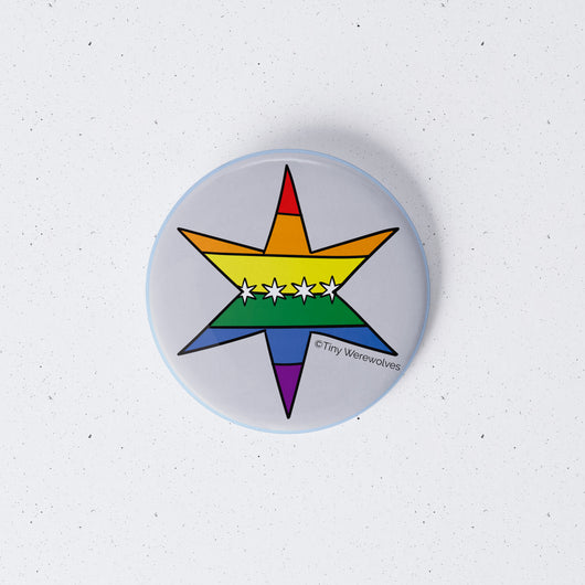 Original artwork by Tiny Werewolves | Chicago Star Rainbow Pride Flag 1" Mini Button Pin in | Shop to get your gender neutral Metal Pinback Button