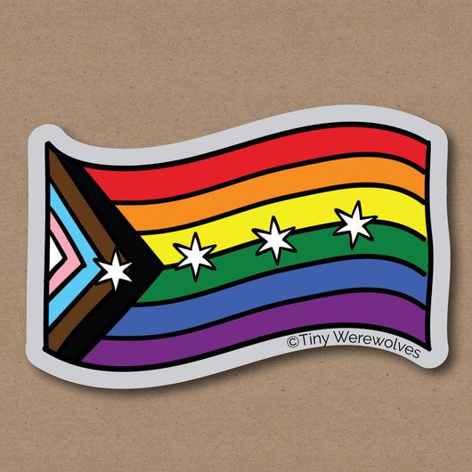 Original artwork by Tiny Werewolves | Chicago Progressive Rainbow Pride Flag Sticker in 5" Sticker | Shop to get your gender neutral Sticker