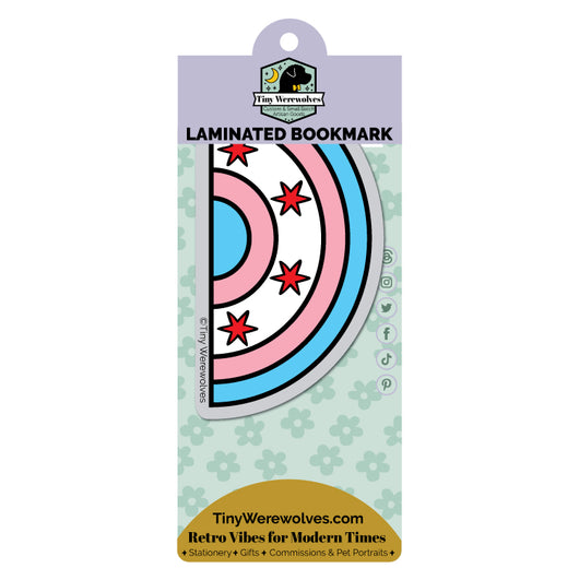 Original artwork by Tiny Werewolves | Chicago Trans Flag Arched Rainbow Laminated Printed Bookmark in | Shop to get your gender neutral Laminated Bookmark