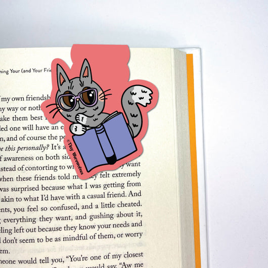 Original artwork by Tiny Werewolves | Grey Book Cat Laminated Magnetic Bookmark in | Shop to get your gender neutral Magnetic Bookmark