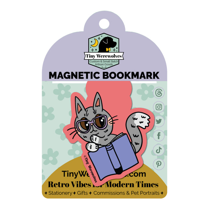 Grey Book Cat Laminated Magnetic Bookmark