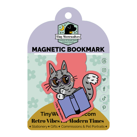 Original artwork by Tiny Werewolves | Grey Book Cat Laminated Magnetic Bookmark in | Shop to get your gender neutral Magnetic Bookmark