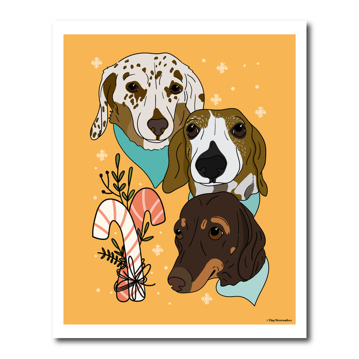Custom Illustrated Holiday Pet Art Print Three Pets