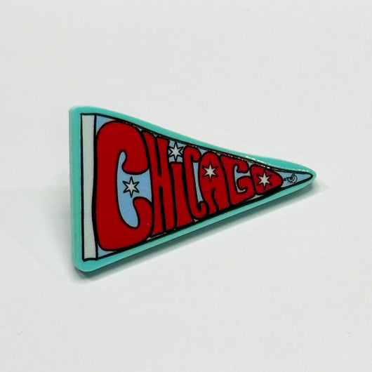 Original artwork by Tiny Werewolves | Chicago Pennant Acrylic Pin in Aqua | Shop to get your gender neutral Acrylic Pin