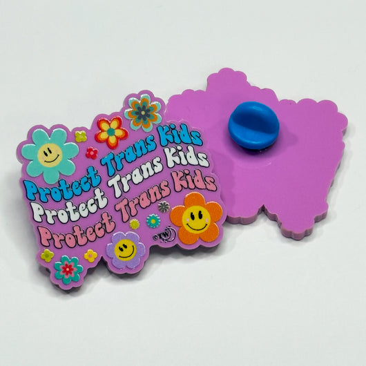 Original artwork by Tiny Werewolves | Retro Flowers Protect Trans Kids Acrylic Pin in | Shop to get your gender neutral Acrylic Pin