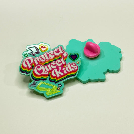 Original artwork by Tiny Werewolves | Retro Protect Queer Kids Acrylic Pin in | Shop to get your gender neutral Acrylic Pin