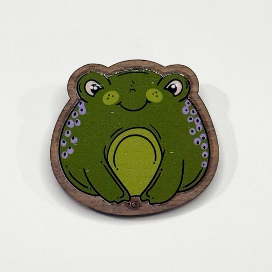 Original artwork by Tiny Werewolves | Frog Wood Pin in Walnut | Shop to get your gender neutral Wood Pin