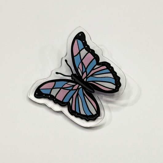 Original artwork by Tiny Werewolves | Trans Pastel Subtle Queer Butterfly Acrylic Pin in Clear | Shop to get your gender neutral Acrylic Pin
