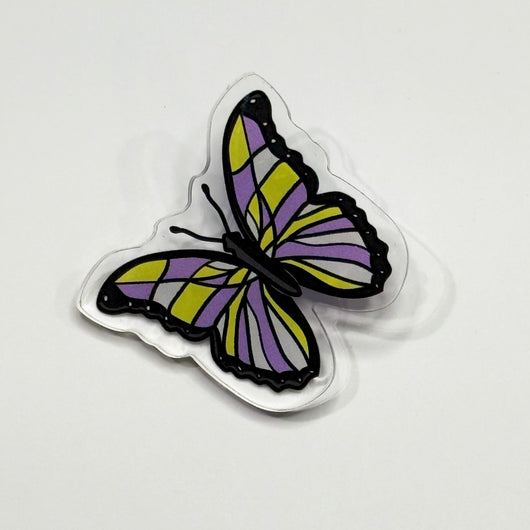 Original artwork by Tiny Werewolves | Non-Binary Pastel Subtle Queer Butterfly Acrylic Pin in Clear | Shop to get your gender neutral Acrylic Pin