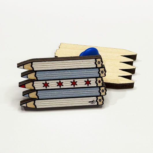 Original artwork by Tiny Werewolves | Chicago Pencils Flag Wood Pin in | Shop to get your gender neutral Wood Pin