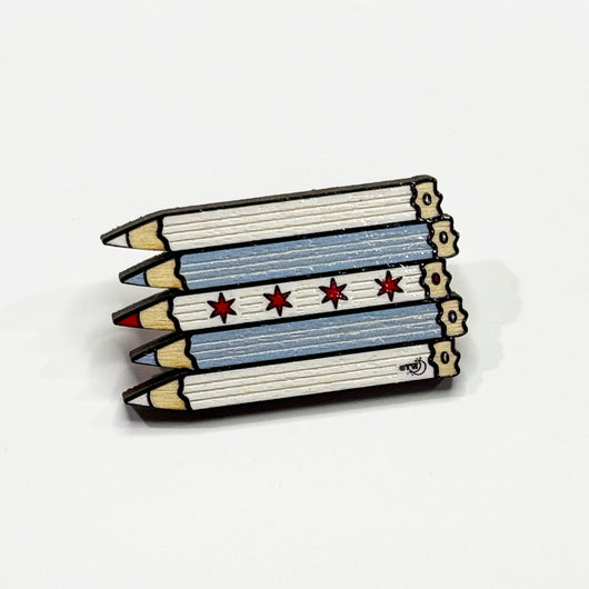 Original artwork by Tiny Werewolves | Chicago Pencils Flag Wood Pin in | Shop to get your gender neutral Wood Pin