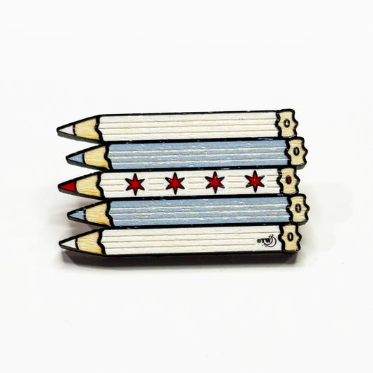 Original artwork by Tiny Werewolves | Chicago Pencils Flag Wood Pin in Maple | Shop to get your gender neutral Wood Pin