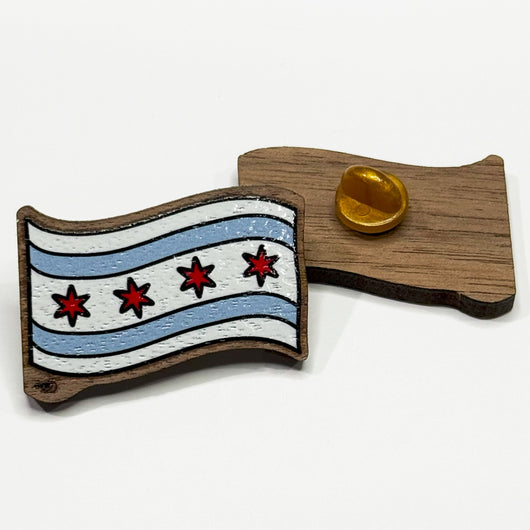 Original artwork by Tiny Werewolves | Chicago Flag Wood Pin in | Shop to get your gender neutral Wood Pin