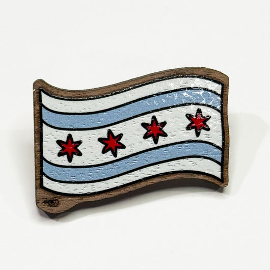Original artwork by Tiny Werewolves | Chicago Flag Wood Pin in Walnut | Shop to get your gender neutral Wood Pin