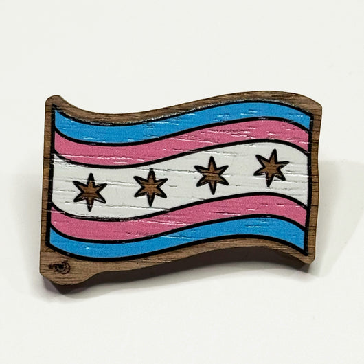 Original artwork by Tiny Werewolves | Chicago Transgender Pride Flag Wood Pin in Walnut | Shop to get your gender neutral Wood Pin