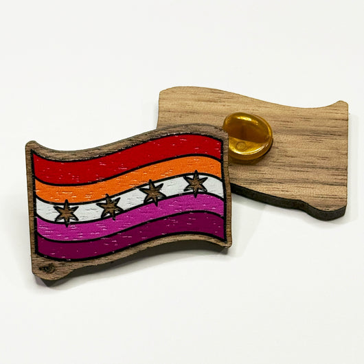 Original artwork by Tiny Werewolves | Chicago Lesbian Pride Flag Wood Pin in | Shop to get your gender neutral Wood Pin