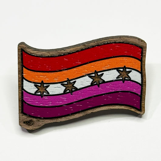 Original artwork by Tiny Werewolves | Chicago Lesbian Pride Flag Wood Pin in Walnut | Shop to get your gender neutral Wood Pin