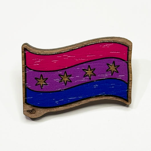 Original artwork by Tiny Werewolves | Chicago Bisexual Pride Flag Wood Pin in Walnut | Shop to get your gender neutral Wood Pin